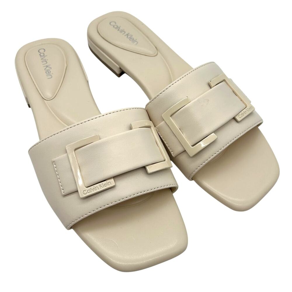 Calvin Klein Vintage Tangelo Buckle Sandals SIZE 8.5 Faux Leather Square Toe